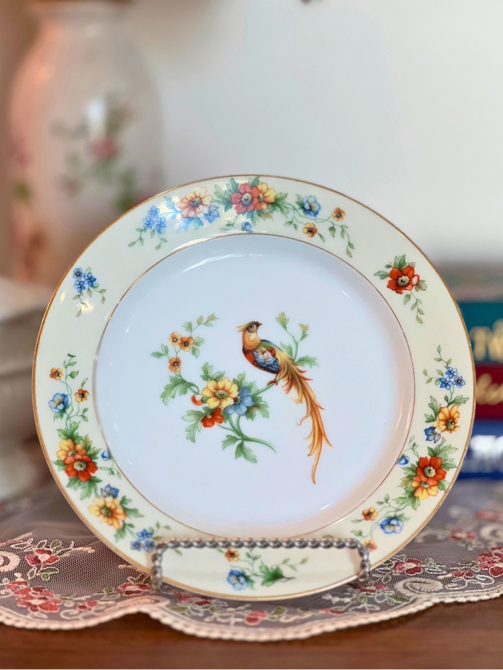 Porcelain Dinner Plate with Floral Border and Bird Motif - Cream